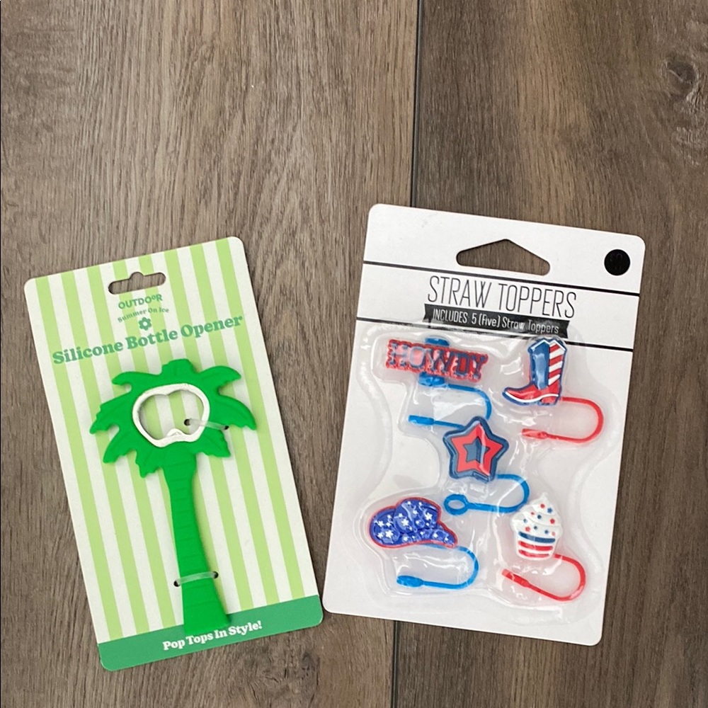 Green Silicone Bottle Opener and Red, Blue Straw Toppers